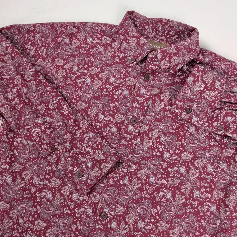 Ariat Boys Olex CAV SMU Burgundy Paisley Western Rodeo Button Down Shirt XL 18